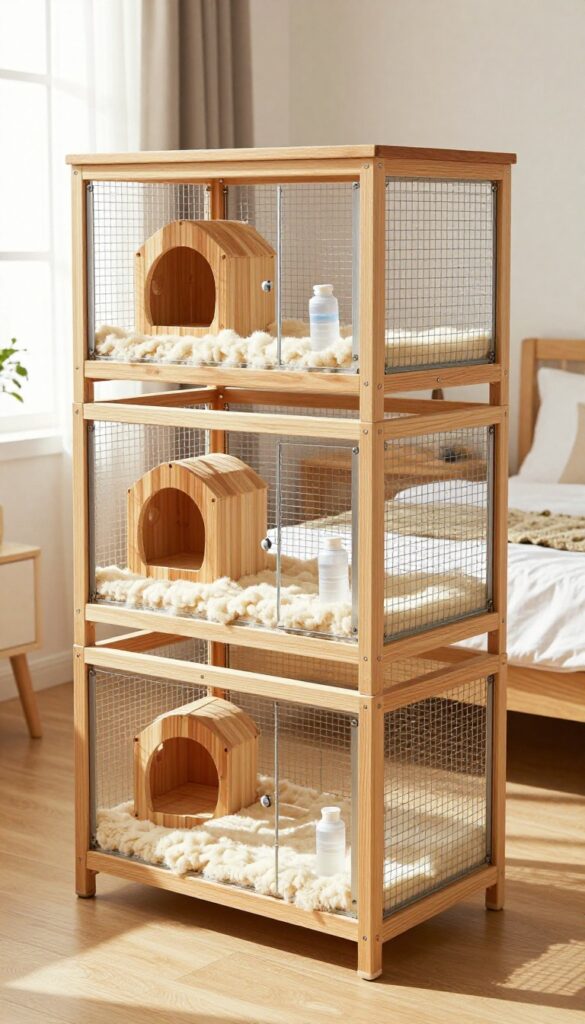 Multi-level guinea pig cage with ramps and hideouts in a small bedroom corner