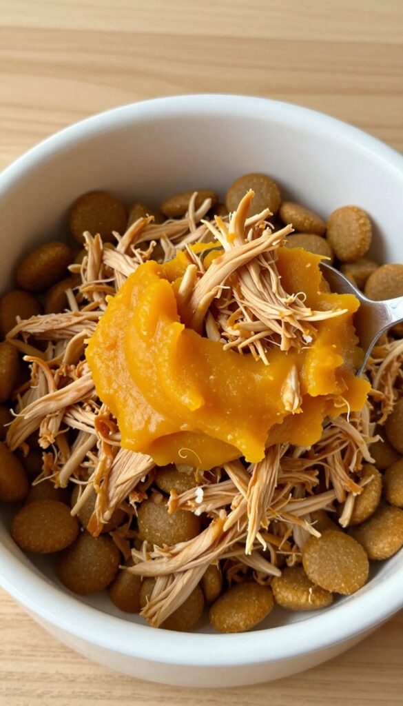 Dog kibble topper with shredded chicken and pumpkin in a bowl