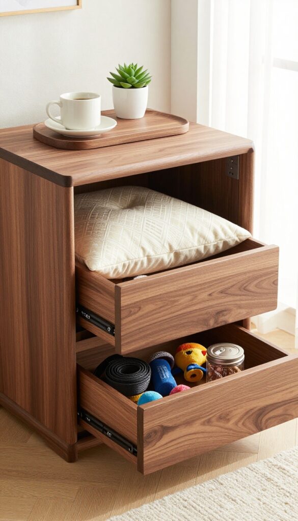 Luxury dog crate with storage drawers styled as a side table in a bright room