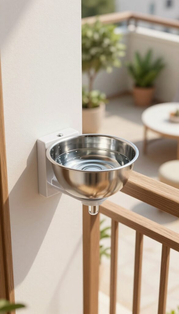 Wall-mounted water station on a small apartment balcony with a stainless steel bowl and clear reservoir, bathed in natural sunlight, with potted plants and a rug in the background.