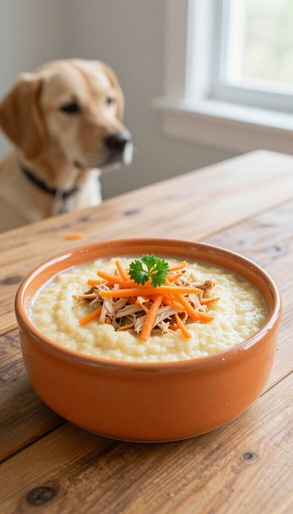 Creamy chicken and carrot polenta dog food bowl on a wooden table, soft natural lighting, photorealistic pet food photography.