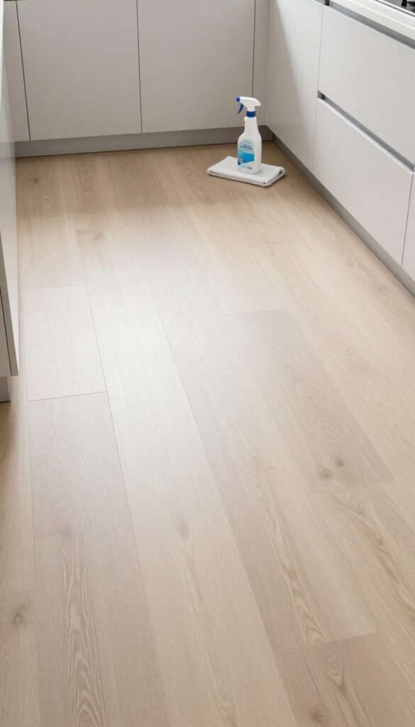 Clean vinyl plank floor with microfiber mop and pH-balanced cleaner in a bright kitchen