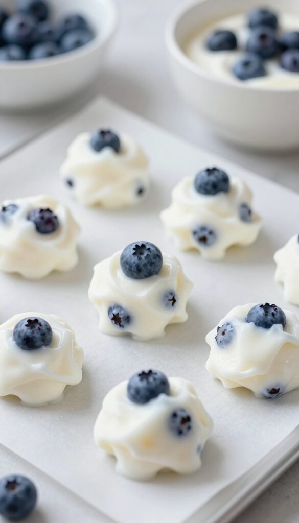 Homemade frozen dog treats: blueberry and yogurt drops on a baking sheet