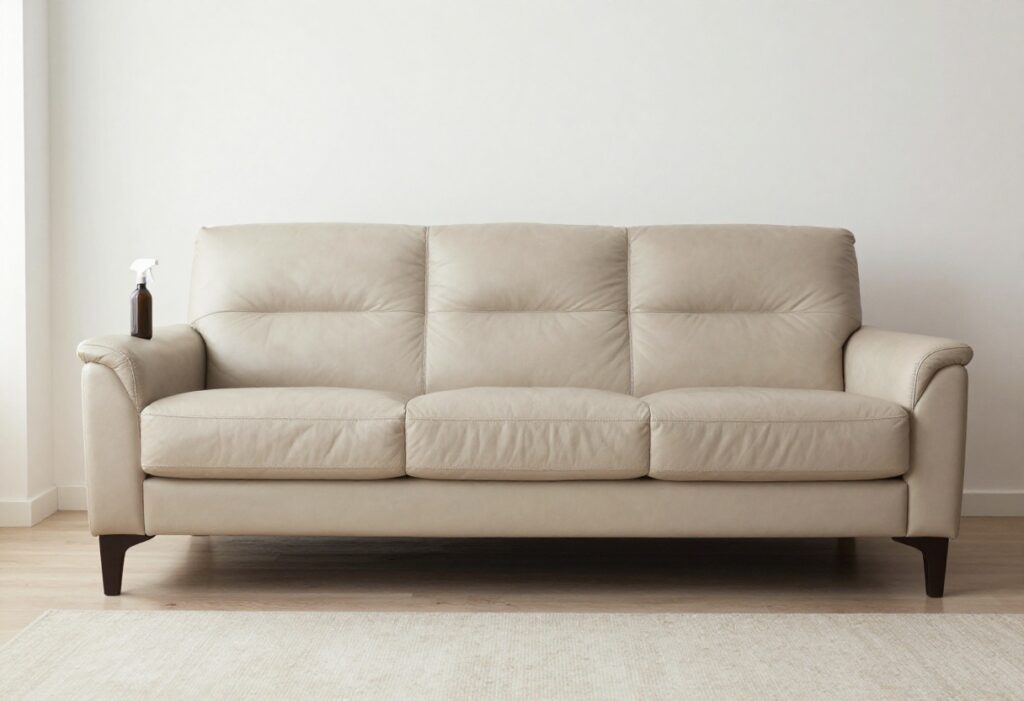 Clean leather couch with cleaning supplies on a side table