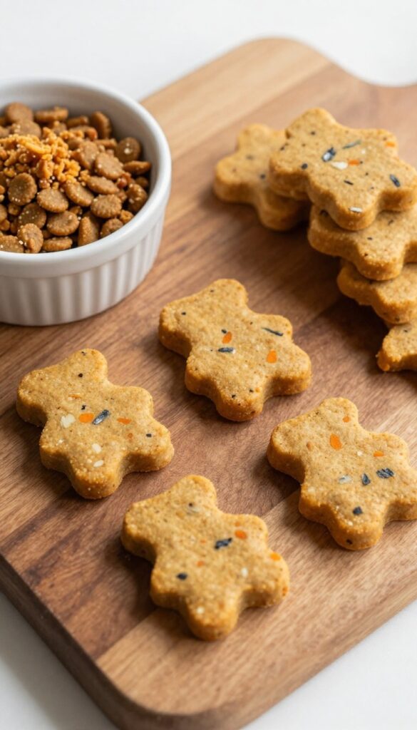 Homemade dog food fish and sweet potato cakes arranged on a wooden board with a bowl of crumbled patty over kibble.