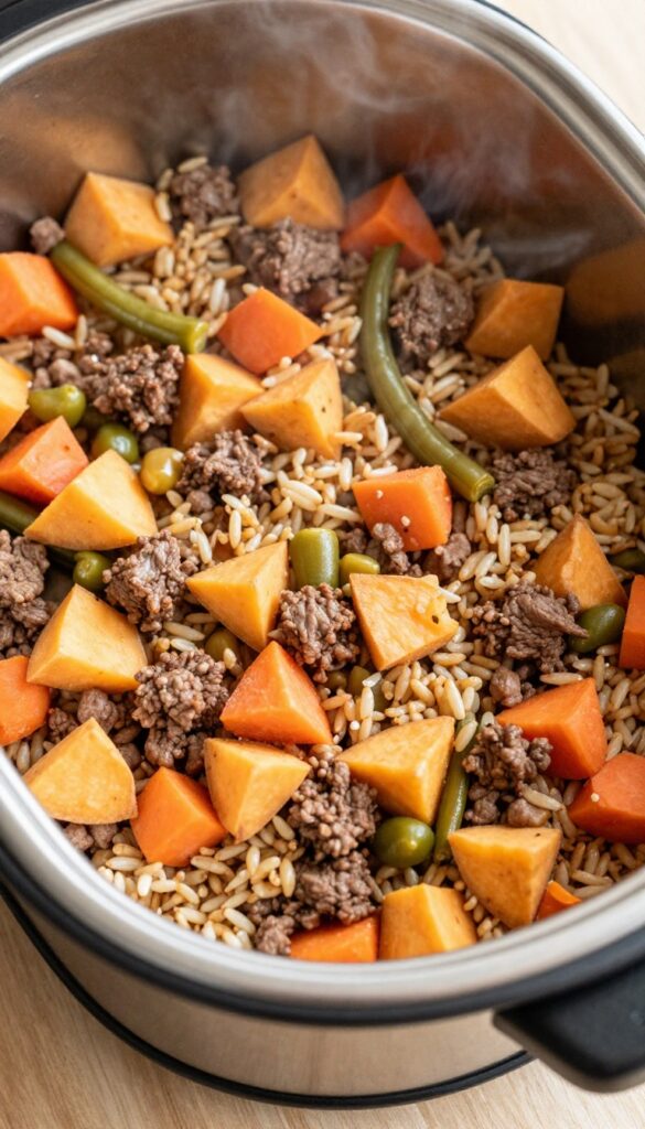 Slow cooker with beef and sweet potato dog meal, ingredients visible, steaming, on wooden surface.