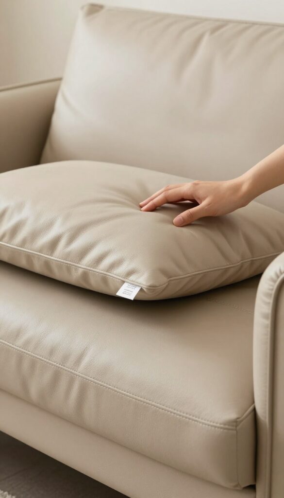Leather couch with cushions removed, hand checking manufacturer tag