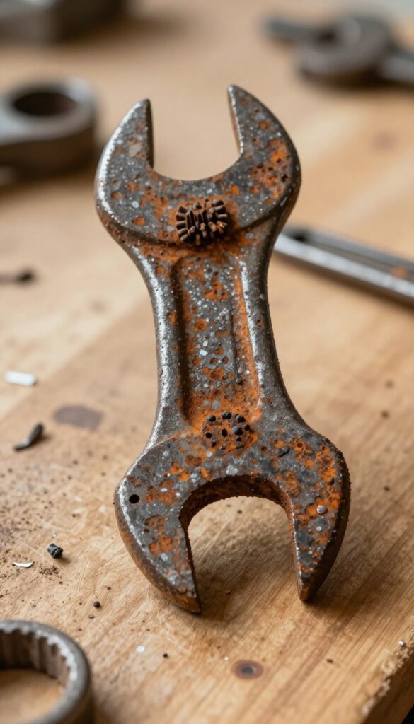 Close-up of sanding a rusty wrench with coarse sandpaper on a workbench