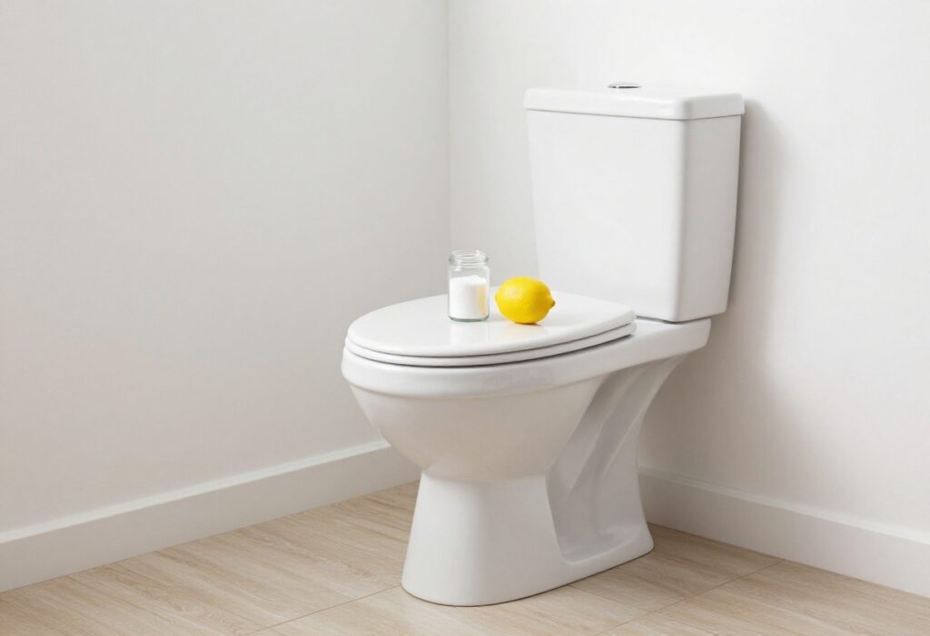 Clean white toilet in a bright bathroom with baking soda and lemon on the tank