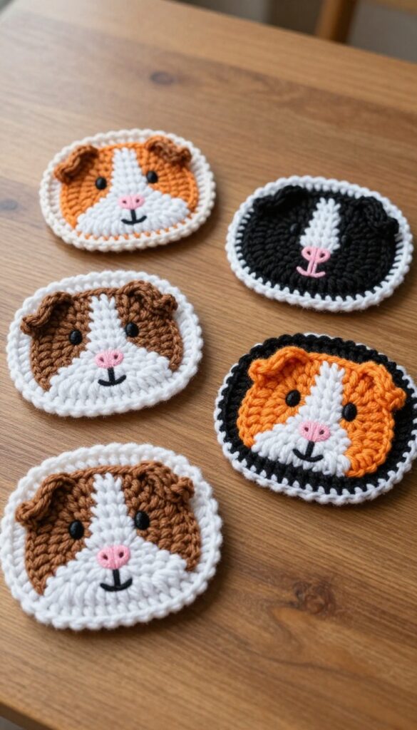 Crocheted guinea pig coasters in brown, white, black, and orange on a wooden coffee table.
