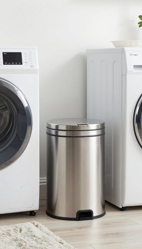 Pet-proof trash can with locking lid in a laundry room