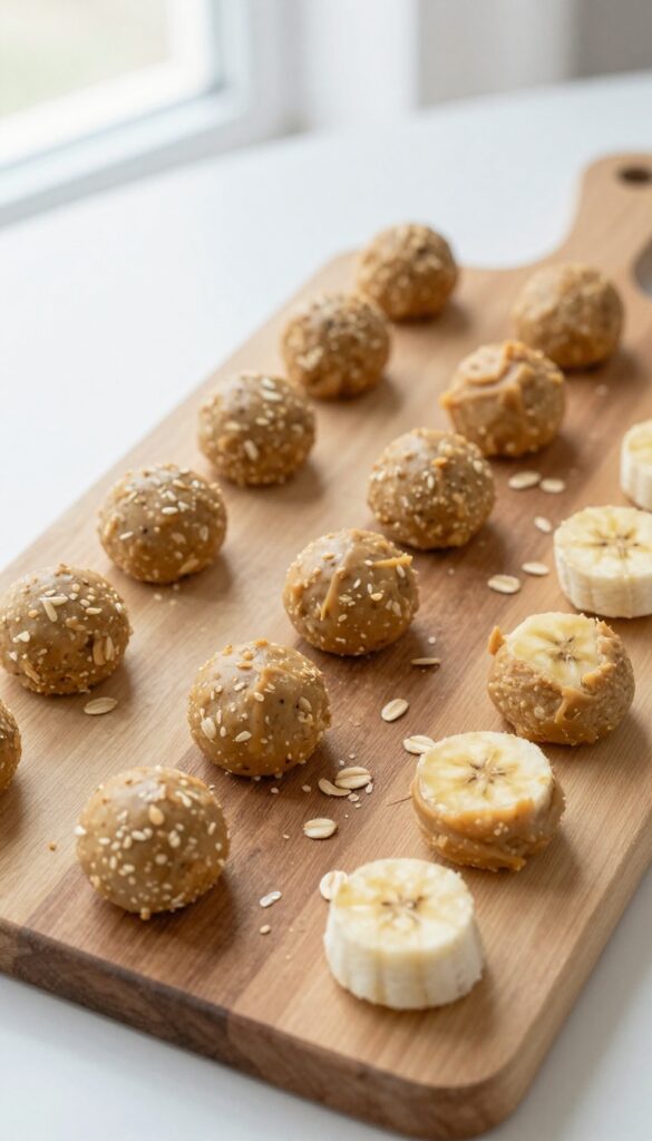 Homemade peanut butter and banana dog treat balls on a wooden board, no-bake and bite-sized for easy serving.