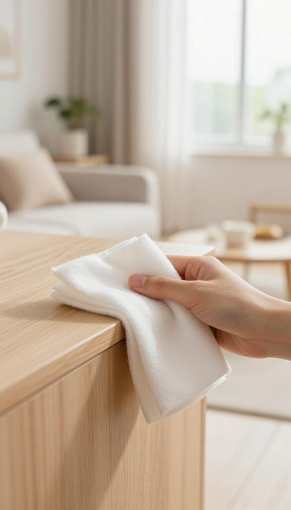 Hand dusting a baseboard with a dryer sheet in a sunlit living room