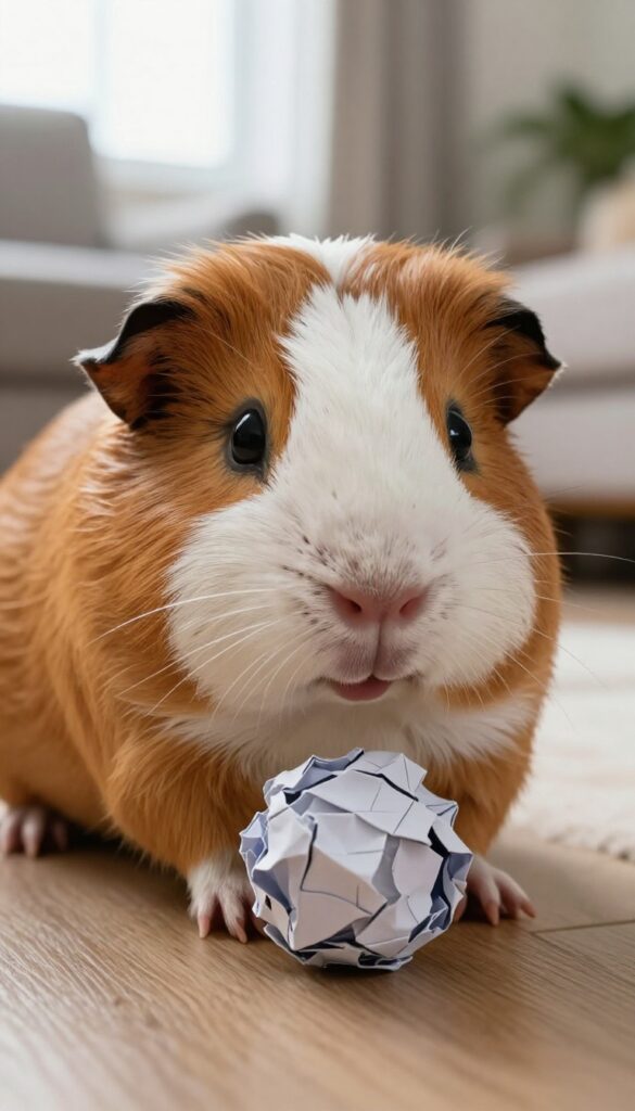 A guinea pig playing with a crumpled paper ball on a blanket indoors.