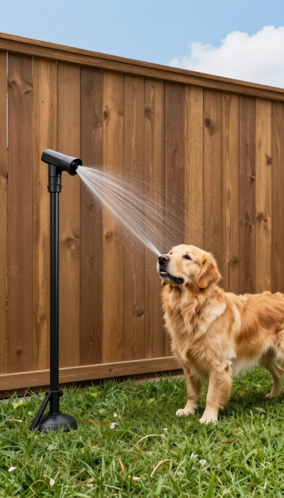 Motion-activated sprinkler deterring dog from digging near fence in sunny backyard