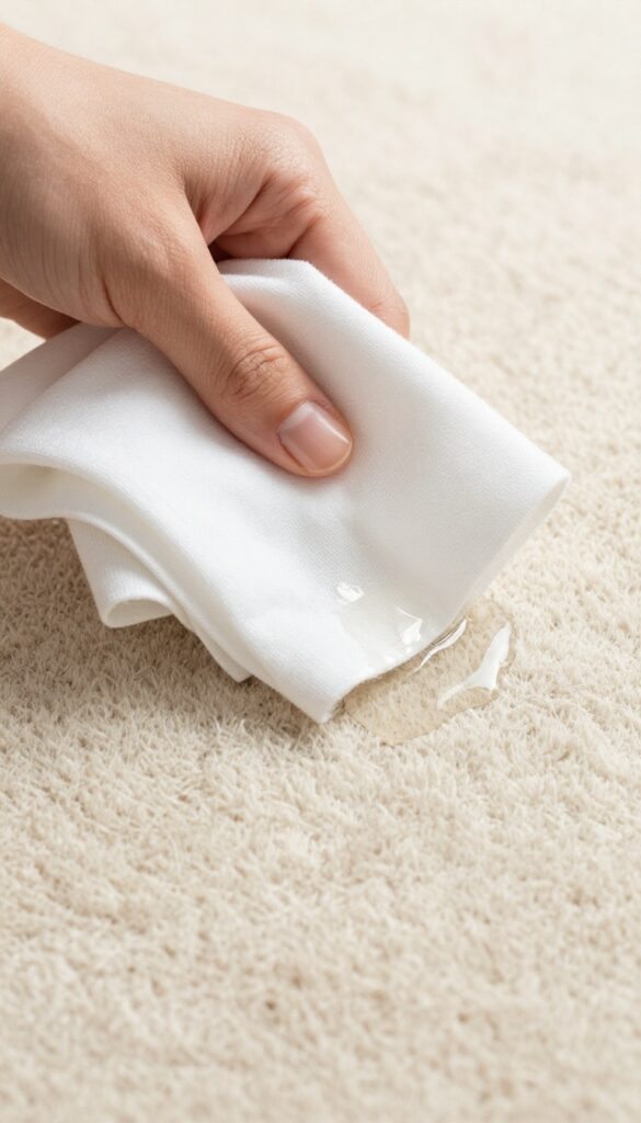 Hand performing a patch test on a wool rug with a white cloth