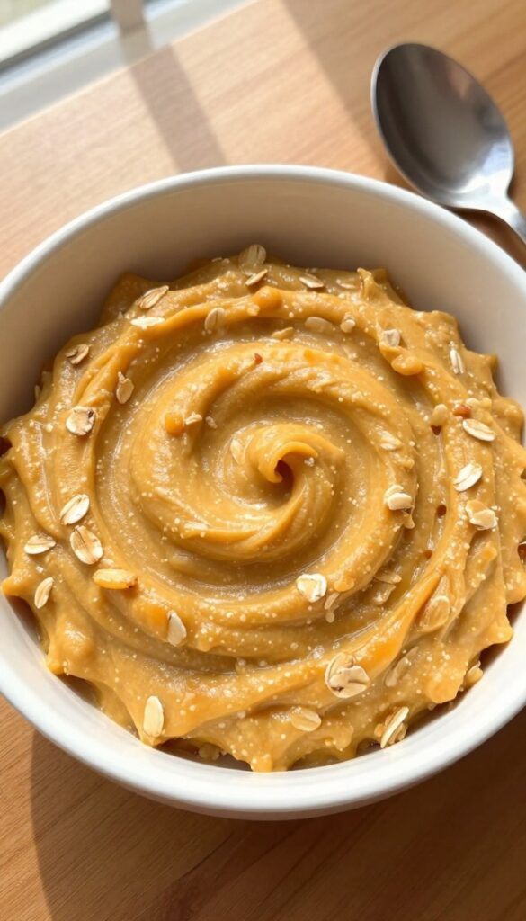 Dog bowl with kibble and a warm pumpkin oatmeal topper swirl, natural lighting, pet food photography.