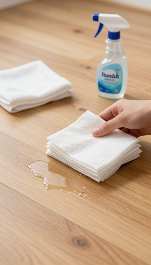 Cleaning pet accident on hardwood floor with paper towels and enzymatic cleaner