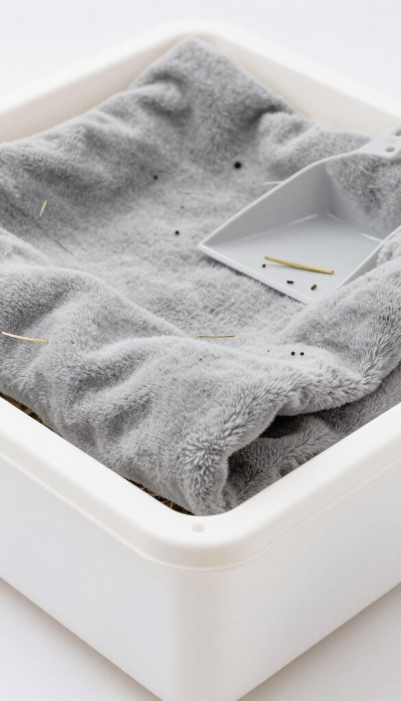 Guinea pig cage with fleece liner and hay scattered on top.