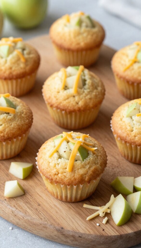 Mini apple cheddar dog muffins on a wooden board, with diced apple and shredded cheese nearby.