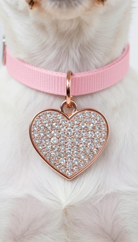 Heart-shaped dog tag with rhinestones on a pink collar