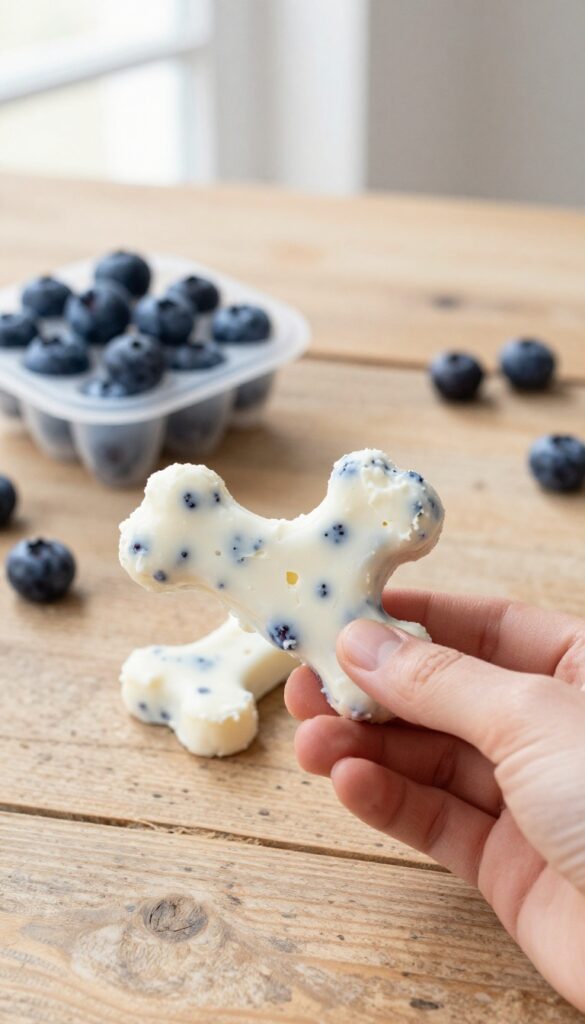 Homemade frozen cottage cheese and blueberry dog treats in bone-shaped silicone mold on wooden table, natural lighting.