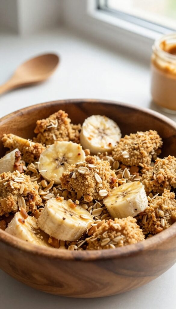 Homemade peanut butter and banana crumble topping for dog food, sprinkled over kibble in a wooden bowl, natural light.