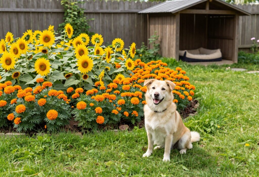 Happy dog sitting in a dog-friendly garden with safe flowers and a shaded rest area.