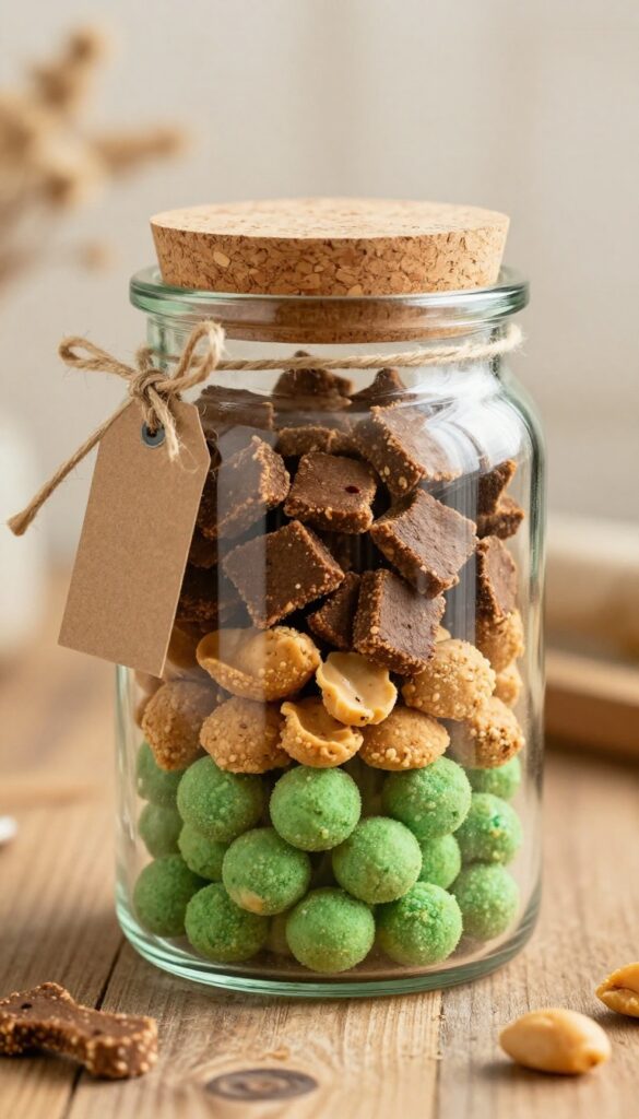 Glass jar with cork lid filled with layered colorful dog treats on a rustic wooden table