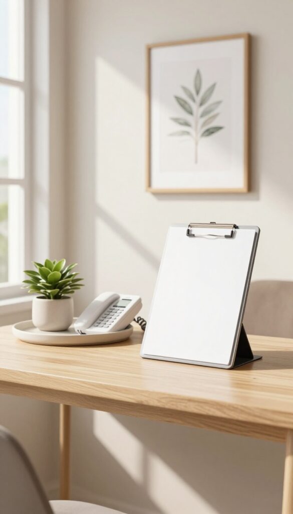 A clean, minimal front desk in a dog grooming salon with a plant, tablet, and clipboard, bathed in natural light.
