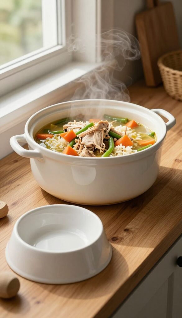 Slow cooker filled with homemade chicken and vegetable stew for dogs, with a dog bowl nearby, ready to serve.