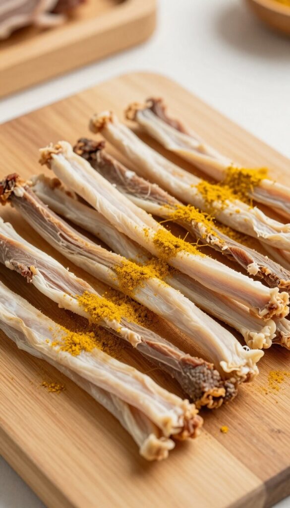 Dehydrated bison jerky strips for dogs with turmeric seasoning on a wooden board