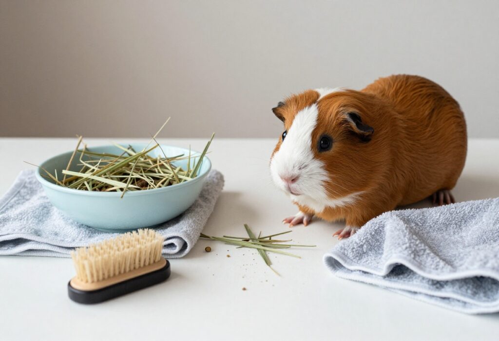Guinea pig cage with fleece liners, hay feeder, water bottle, and hidey house.