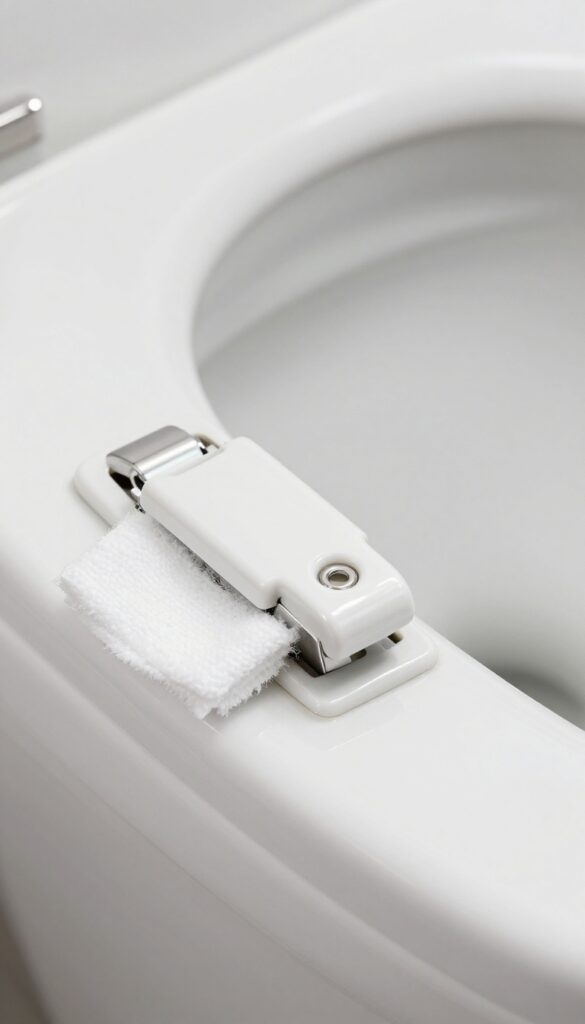 Cleaning toilet seat hinges with a cotton swab
