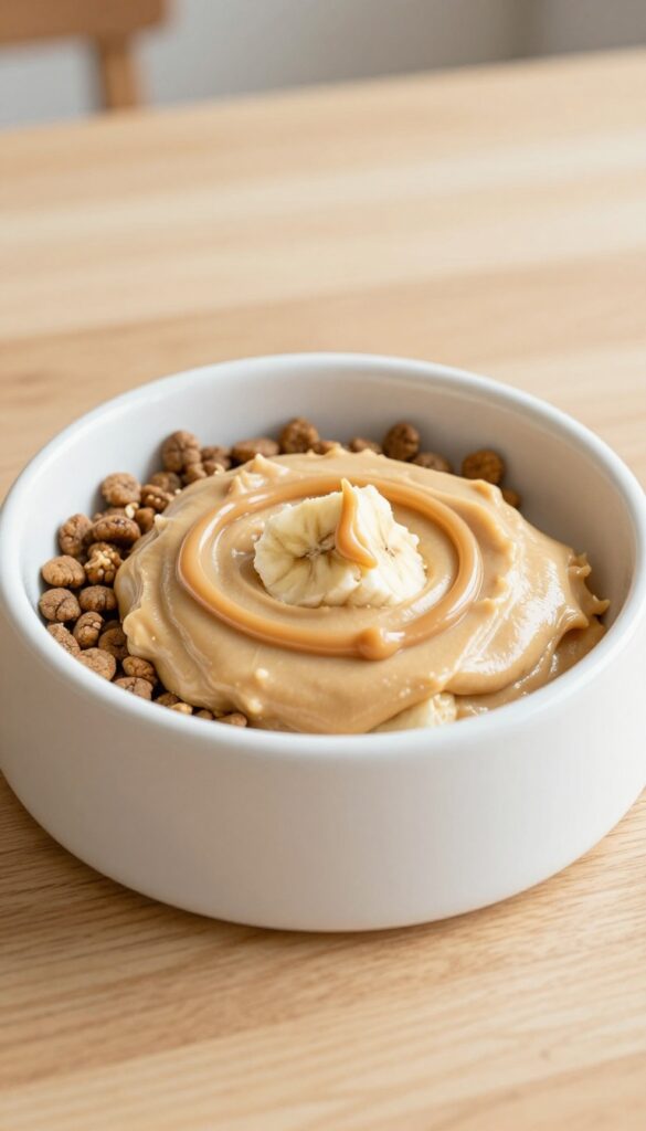 Dog bowl with dry kibble topped with peanut butter and banana mash, drizzled with peanut butter swirl