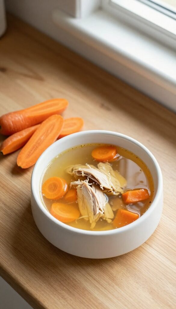 Homemade chicken and carrot broth for dogs in a white bowl on a wooden counter, with extra chicken and carrots nearby.