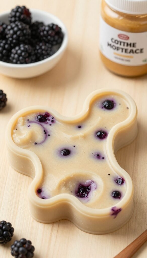 Homemade blackberry and peanut butter frozen dog treats in a bone-shaped silicone mold, with fresh blackberries and peanut butter nearby.