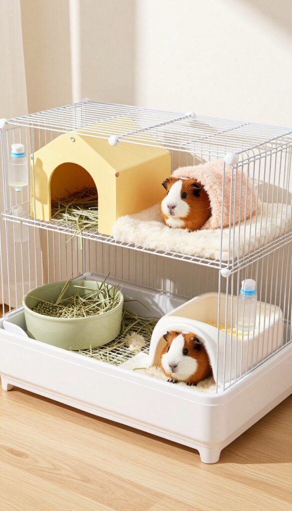 Luxurious two-story guinea pig condo with hidey houses, tunnel, hay feeder, and soft bedding in bright natural light.