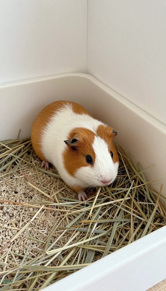 Guinea pig eating hay from a rack above a litter tray in a clean enclosure corner