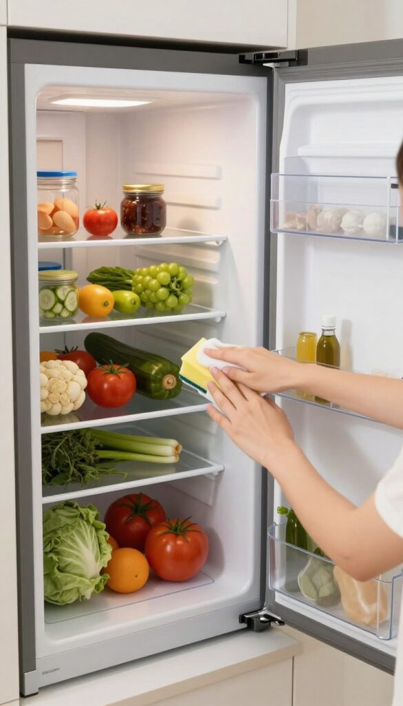 Person deep cleaning refrigerator interior with sponge, organized pantry and fresh produce on counter