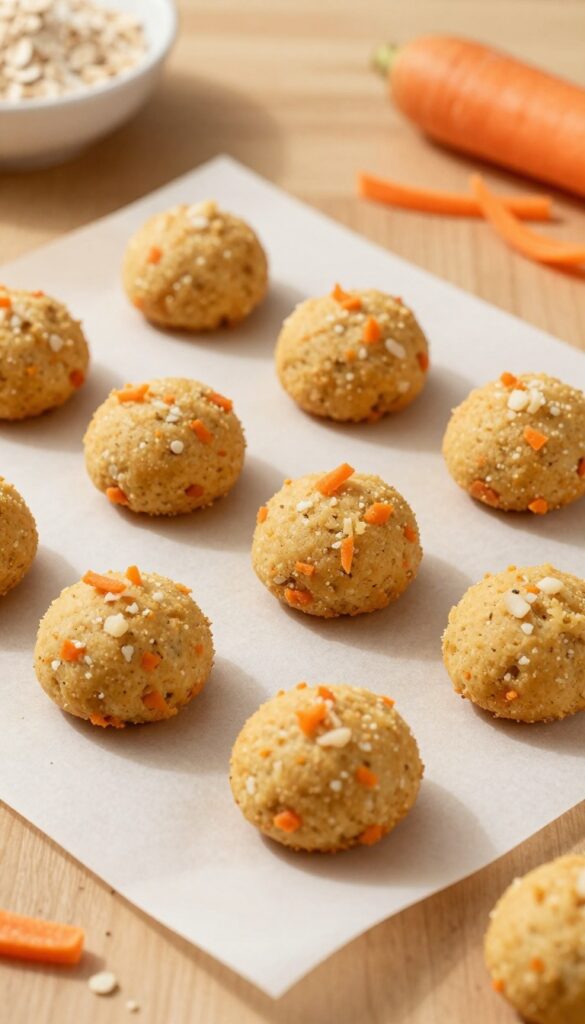 Homemade haddock and carrot dog treats baked golden brown on a parchment-lined baking sheet, with visible carrot and fish flakes.