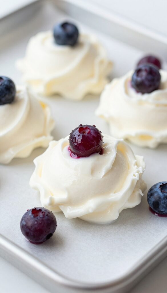 Close-up of frozen yogurt and berry drops for homemade dog treats