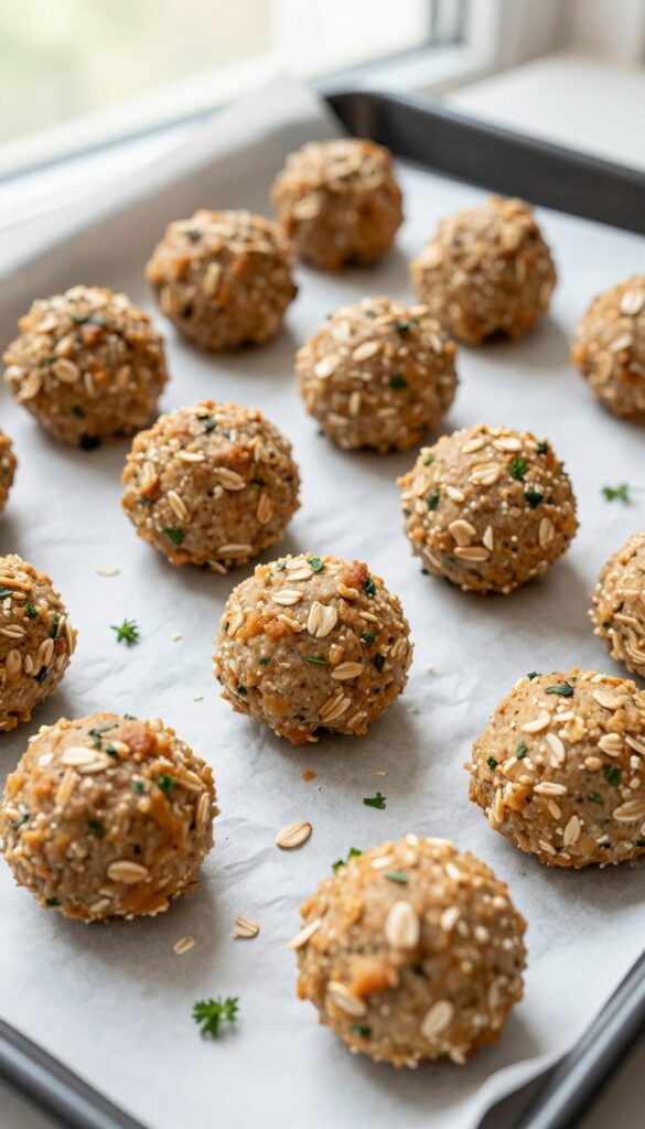 Homemade turkey and oat dog meatballs arranged on a parchment-lined baking sheet, ready for baking or cooling.