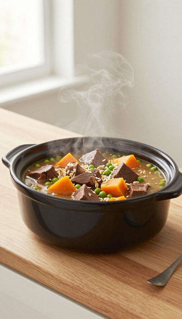 Homemade dog food stew with beef heart, peas, pumpkin, and oats in a slow cooker.