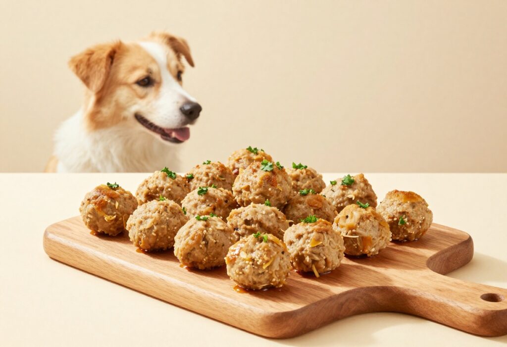 Homemade chicken dog meatballs on a wooden board with a dog waiting eagerly nearby.