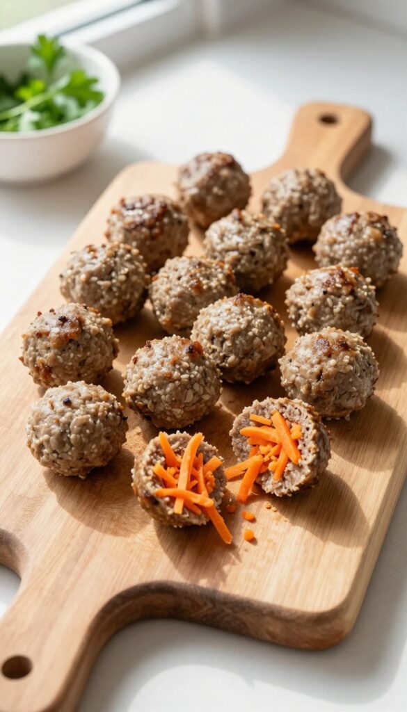 Homemade beef and carrot crunch meatballs for dogs, displayed on a wooden cutting board in natural light.