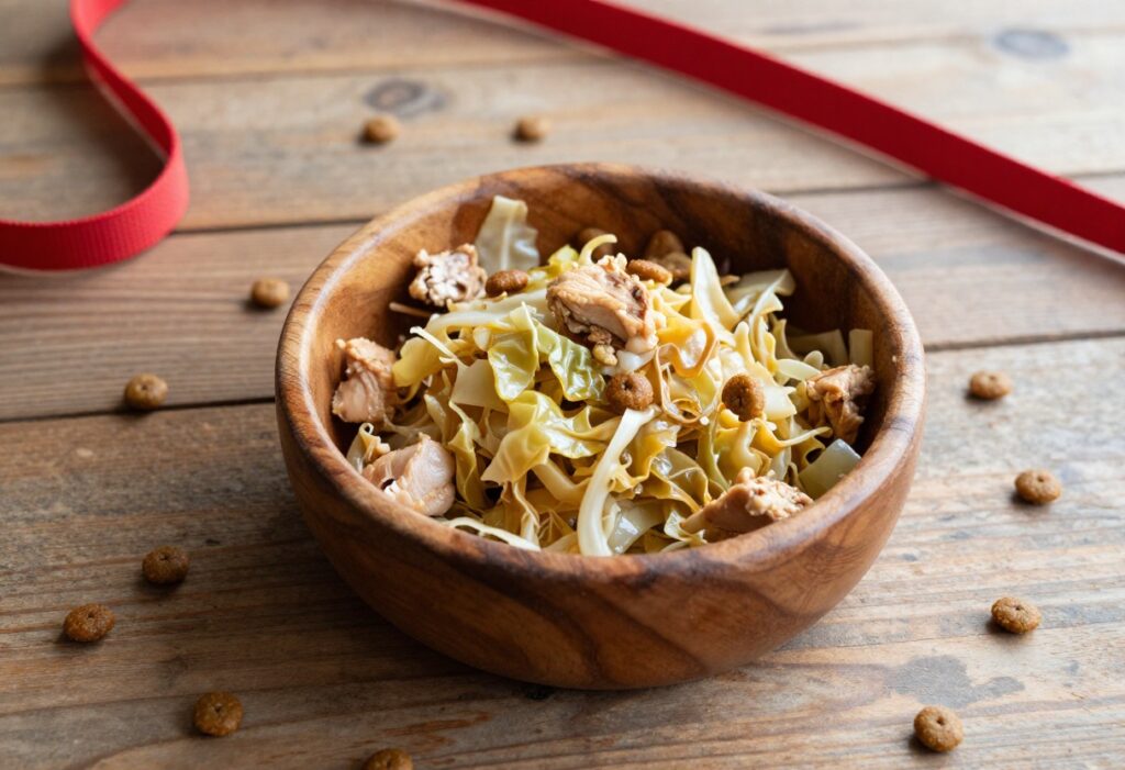 Homemade cooked cabbage and chicken dog food in a bowl with kibble and leash