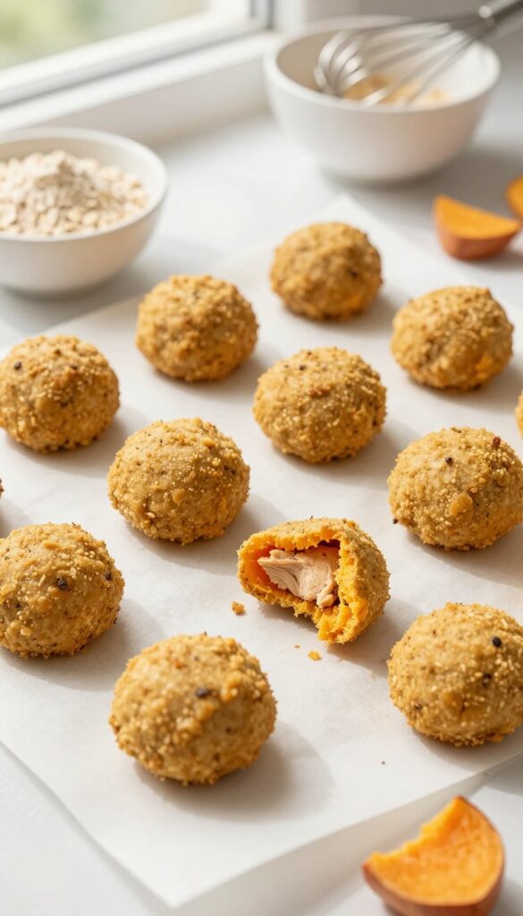 Homemade chicken and sweet potato dog food nuggets baked on a parchment-lined sheet, with a few nuggets broken open to show texture, in bright natural light.