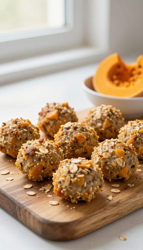 Homemade turkey and pumpkin dog meatballs on a wooden board, soft and golden-brown, with oat flakes and pumpkin nearby.