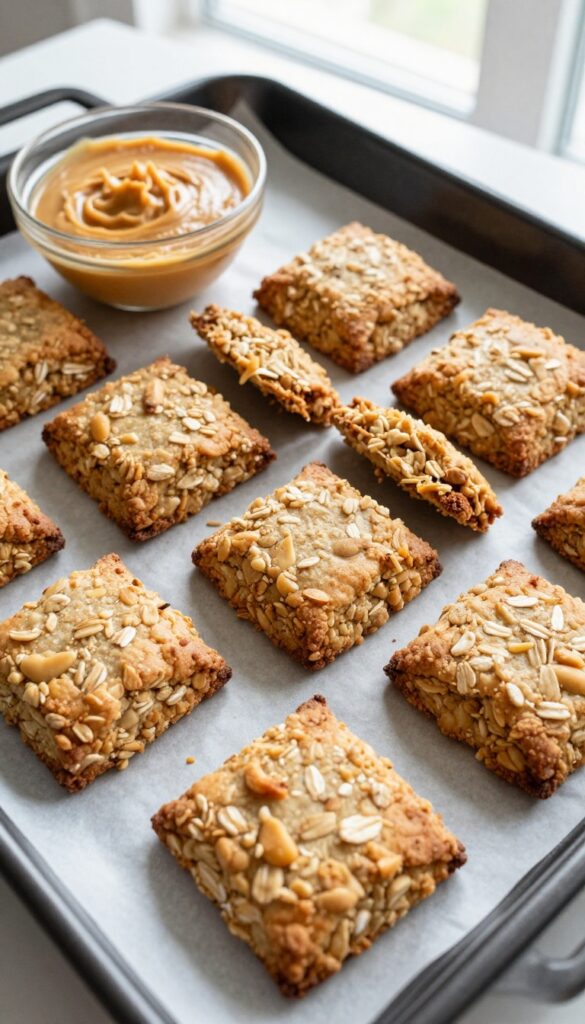 Homemade peanut butter oat dog biscuits baked on a sheet pan, scored into squares, with a bowl of peanut butter nearby.